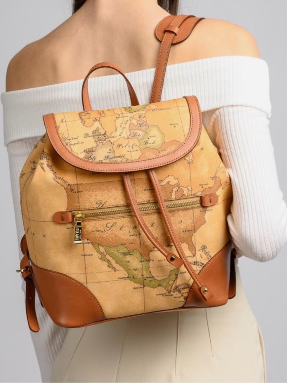 Alviero Martini Map-Print Backpack in Tan and Beige with Brown Trim